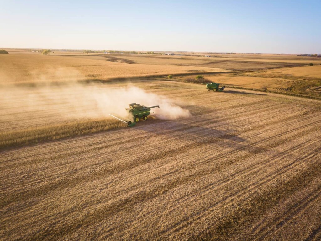 Landscape picture of a field with two harvesters